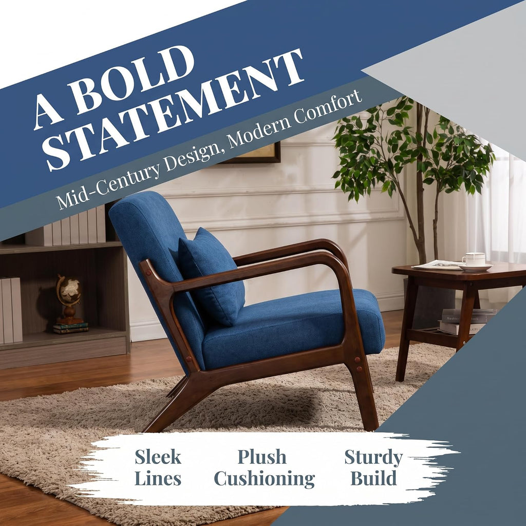 Komene Mid Century Modern Accent Chair Sitting Chair with Solid Wood Frame, Upholstered Living Room Lounge Armchair with Waist Cushion, Comfy Reading Chair for Bedroom Sunroom Office,Blue