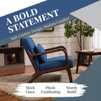 Komene Mid Century Modern Accent Chair Sitting Chair with Solid Wood Frame, Upholstered Living Room Lounge Armchair with Waist Cushion, Comfy Reading Chair for Bedroom Sunroom Office,Blue