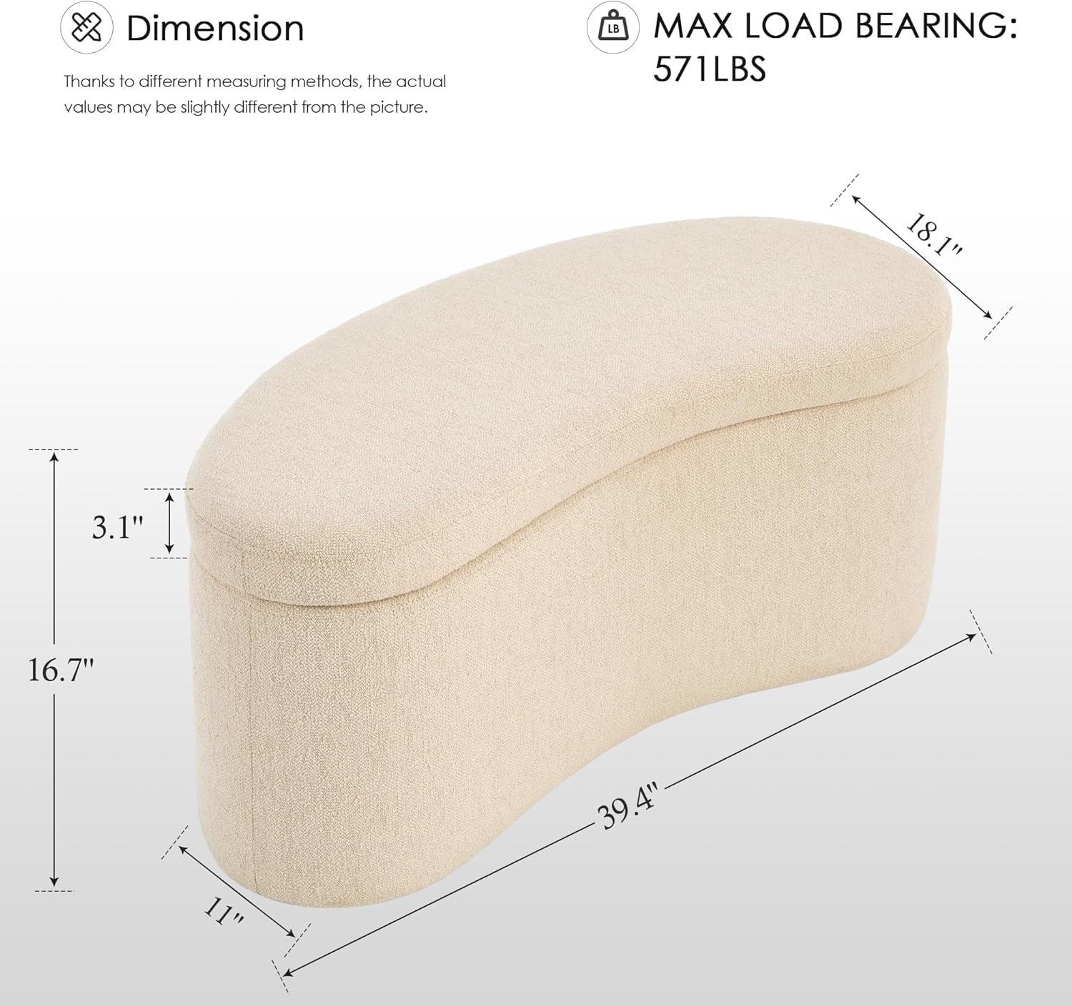 Zesthouse Storage Bench for Bedroom End of Bed, 39.4" Small Curved Entryway Ottoman Bench, Beige Linen Fabric Bench Seat for Living Room Hall Mudroom, Modern Upholstered Coffee Table Crescent Shape