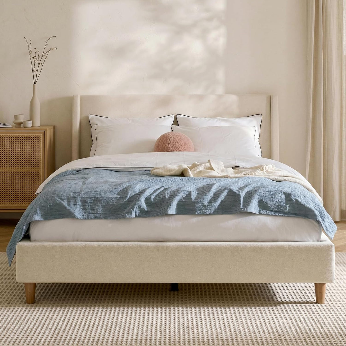 Merax King Size Velvet Bed Frame with Wingback Headboard, Upholstered Platform Bedframe with Solid Wooden Leg, Wood Slats for Bedroom, No Box Spring Needed, Easy Assembly, Modern Luxury Style, Beige