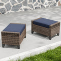 2 Pieces Modern Outdoor Wicker Patio Footstools, Multipurpose PE Rattan Ottomans Set for Poolside, Backyard and Balcony, Brown/Blue