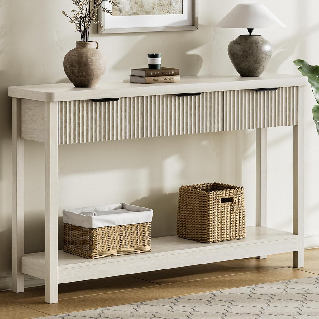 Lulive Fluted Console Table, 51 Inch Entryway Table with 3 Drawers | Scandi farmhouse look with quiet full-extension slides, open lower shelf, profile for hallway, entry, foyer or behind sofa.