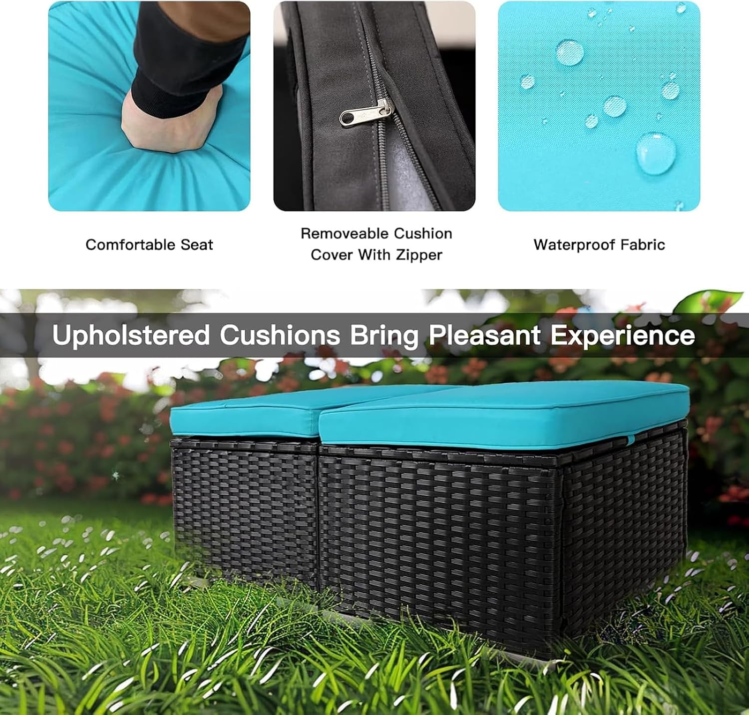 2 Wicker Ottomans, Multipurpose Outdoor Patio Ottoman Furniture, Additional Seating & Footrest, Outdoor Patio Storage Seating with Removable Cushions for Patio, Backyard (Blue)