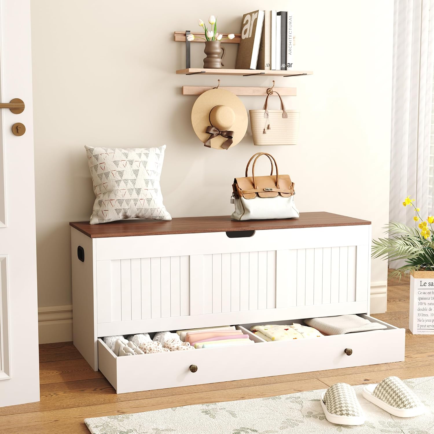 HOMEFORT 44.3" Storage Chest with 2 Drawers, Retro Wooden Storage Trunk with 2 Safety Hinges,Large Shoe Bench with Storage for Entryway, Storage Bench for Bedroom, Living Room, White and Brown