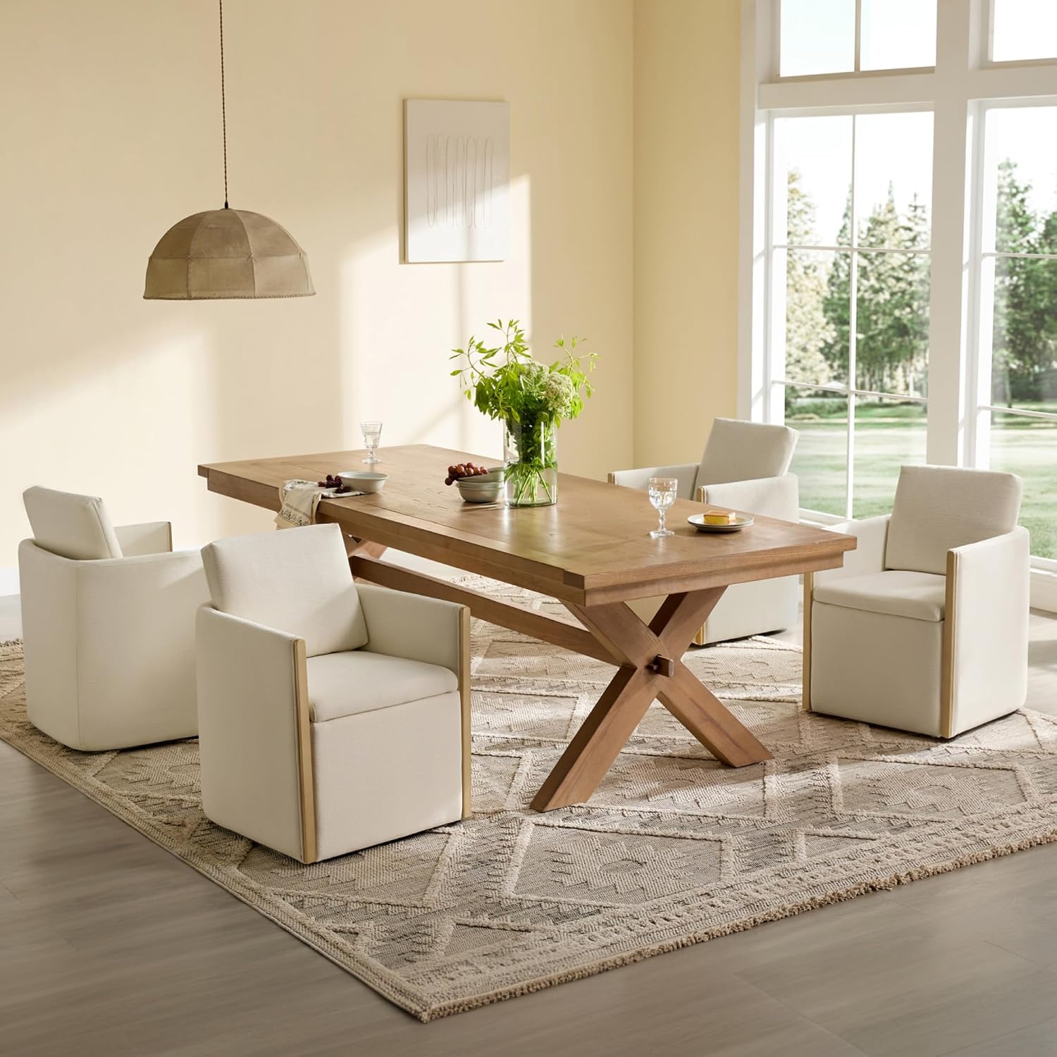 Watson & Whitely Modern Rolling Dining Chair with Casters, Set of 2, Linen | Upholstered Chenille Fabric, Hidden Seat Storage, Wood Arms for Kitchen, Dining Room, Living Room