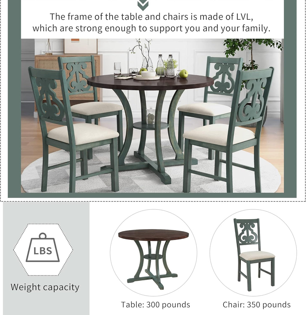 Merax 5 Piece Round Dining Table Set 4 Retro Chairs with Special-Shaped Table Legs, Designed Hollow Chair Back for Dining Room, Antique Blue
