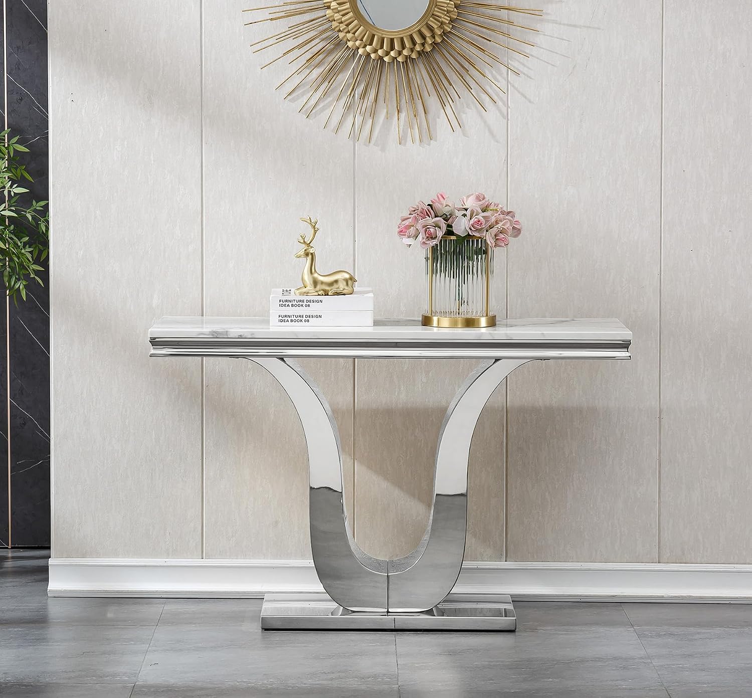 SSLine Modern White Faux Marble Console Table Luxury Entryway Table with Silver Pedestal Base 46.8" Mid-Century Elegant Sofa Table w/Mirrored Stainless Steel Frame for Living Room Hallway