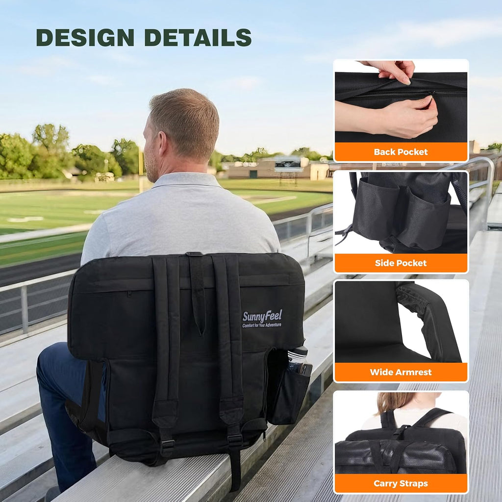 SUNNYFEEL Stadium Seat with Back Support, 4.7" Thick Cushion, 6 Reclining Positions Bleacher Chair with Shoulder Straps, Armrests & Storage Pockets, Non-Slip Strap, Portable for Sports Camping