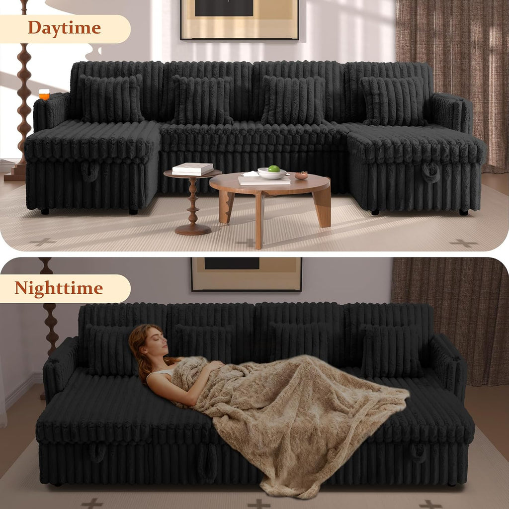 107'' Sectional Sleeper Sofa with Pull Out Bed, Storage Chaise, Adjustable Backrest, USB Charger, Cup Holder & Side Pocket, Fluffy Soft Corduroy U Shaped Couch for Living Room, Black