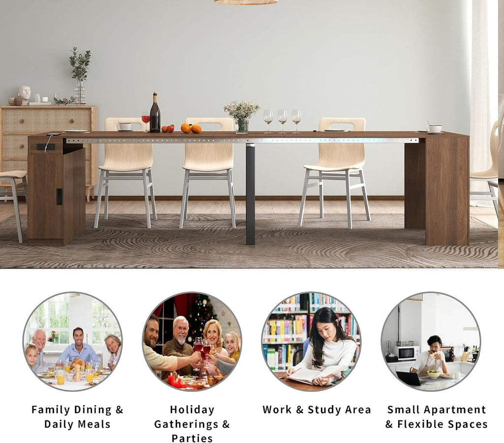 Transforming Table Extender for Dining Table, Pull Out Table, Transformer Console with Storage & Built-in Outlet, Folding Dining Table for 12, Walnut Black