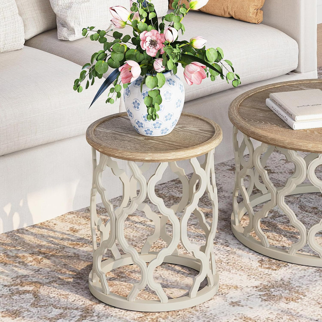 karlott Farmhouse End Table, 18.5'' French Country Round Side Table, Distressed Tray Top Side Table with Curved Motif Frame Base for Boho, End Tables Living Room, Bedroom, Small Space, Cream Beige