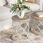 karlott Farmhouse End Table, 18.5'' French Country Round Side Table, Distressed Tray Top Side Table with Curved Motif Frame Base for Boho, End Tables Living Room, Bedroom, Small Space, Cream Beige