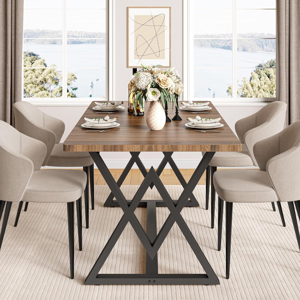 IRONCK 63" Dining Table for 4-6, Modern Rectangular Kitchen Table with Sturdy Metal Frame & Geometric Legs for Dining Room, Easy Clean-Brown