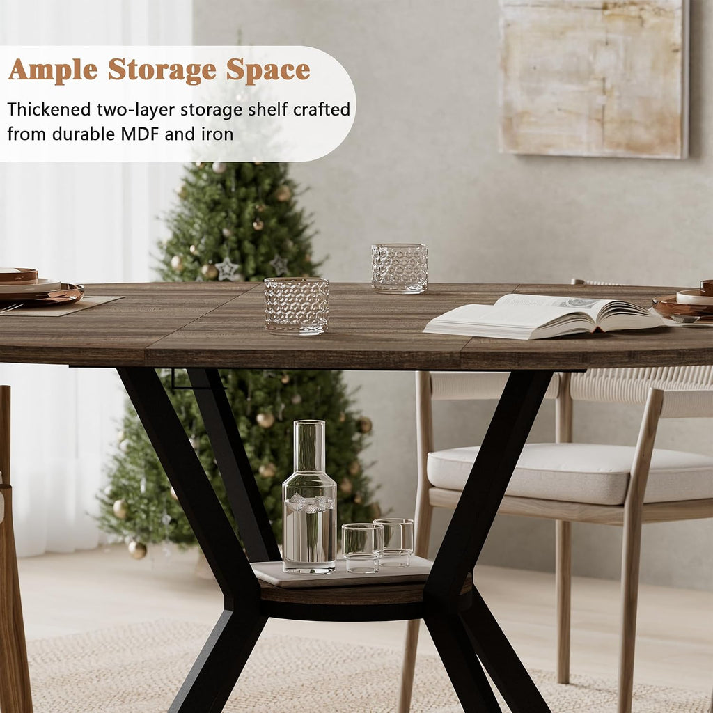MECHYIN 42"-58" Extendable Round Dining Table for 4-6,with Storage Shelf | Space‑Saving Modern Oval Dining Table, Built‑in Flip Leaf, Sturdy Metal Legs, for Kitchen & Dining Room,Small Apartments