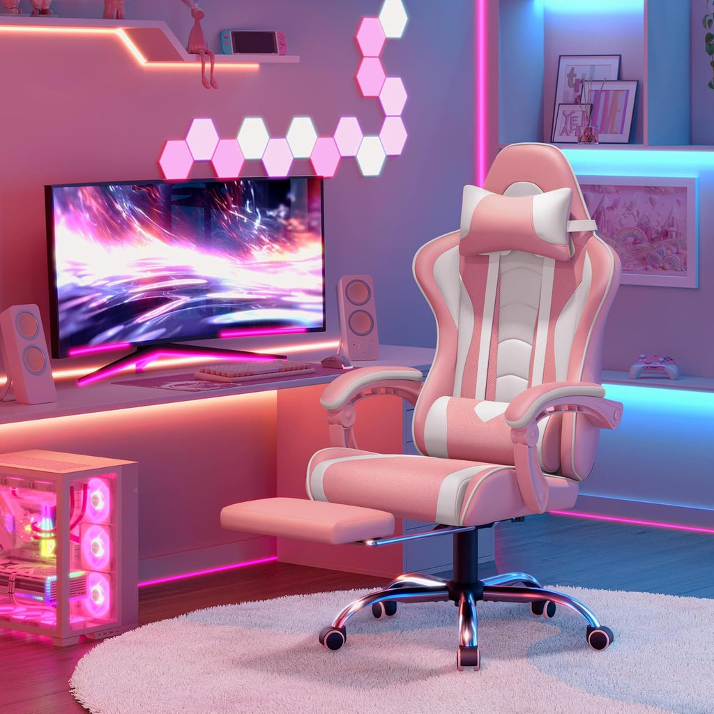 Yaheetech Gaming Chair with Footrest Massage Lumbar Pillow Pink and White | Foam-padded PU leather racing seat and plush headrest recline with a slide-out footrest; metal frame supports up to 300 lb.