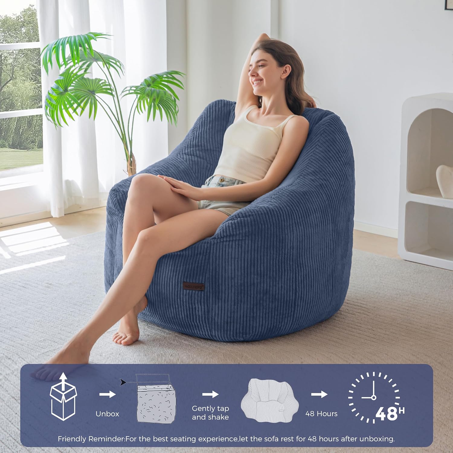 MAXYOYO Bean Bag Chair for Adults, Foam-Filled Floor Sofa for Reading | Bean Bag Chair for Adult with Filler, Cozy Living Room Chair for Bedroom Dorm, Dusty Blue