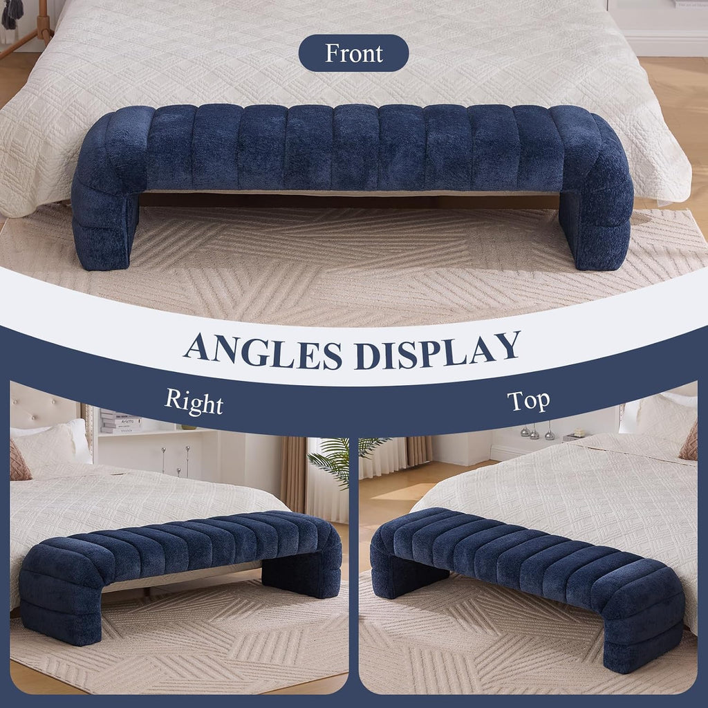 NIOIIKIT 69.7" Ottoman Bench, Teddy Upholstered Queen Size End of Bed Bench, Channel Tufted Entryway Bench with Cushion, Long Bedroom Bench, Window Bench Seat for Entryway, Living Room (Navy)
