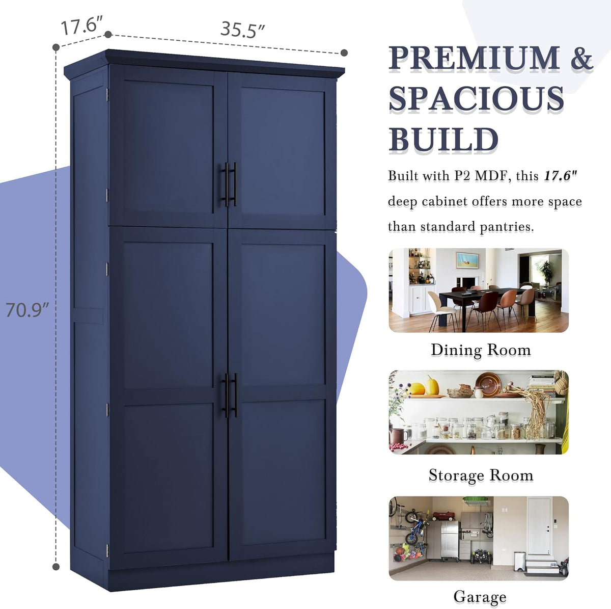 Freestanding Kitchen Pantry 35.5"x17.6"x70.9" Modern Pantry Cabinet with 4 Doors, 2 Door Shelves, 8 Pull-Out Trays and Adjustable Shelf Storage Cabinet Cupboard for Kitchen, Dining Room, Blue