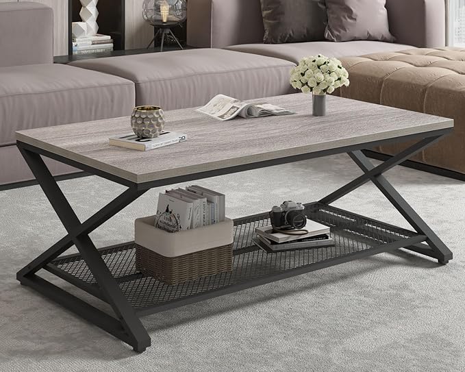 LVB Gray Coffee Table, Farmhouse Wood Metal Center Table with Storage for Living Room, Industrial Wooden 2 Tier Rectangle Cocktail Tea Table with Mesh Shelf for Office Bedroom, 47 inch, Light Grey Oak
