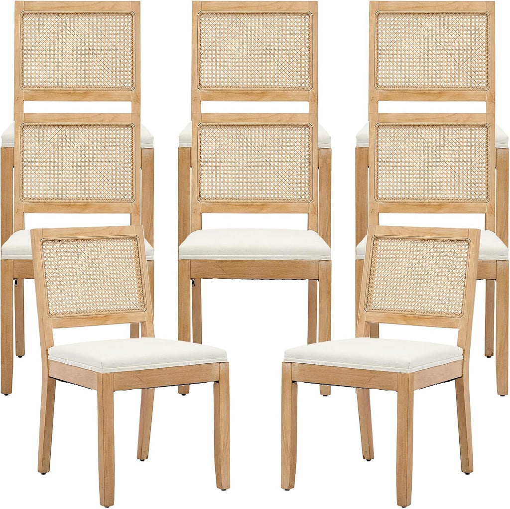 French Country Dining Chairs Set of 8, Beige Modern Kitchen & Dining Room Chairs, Rattan Dining Chair with Linen Upholstered Cushion, Low Cane Back, Wood Legs, Sillas de Comedor (Beige, 8 Pcs)