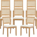 French Country Dining Chairs Set of 8, Beige Modern Kitchen & Dining Room Chairs, Rattan Dining Chair with Linen Upholstered Cushion, Low Cane Back, Wood Legs, Sillas de Comedor (Beige, 8 Pcs)