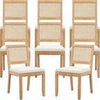 French Country Dining Chairs Set of 8, Beige Modern Kitchen & Dining Room Chairs, Rattan Dining Chair with Linen Upholstered Cushion, Low Cane Back, Wood Legs, Sillas de Comedor (Beige, 8 Pcs)
