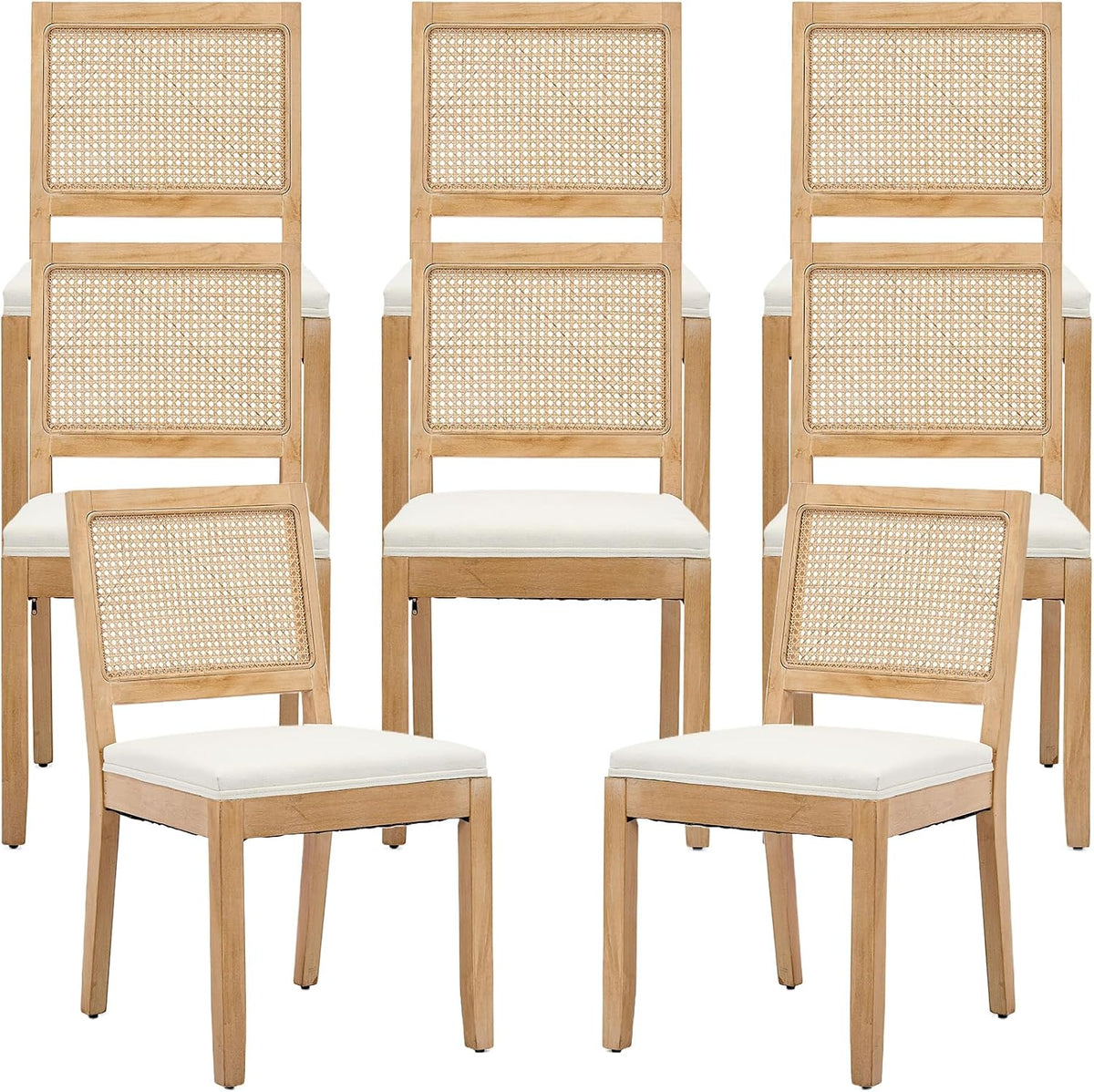 French Country Dining Chairs Set of 8, Beige Modern Kitchen & Dining Room Chairs, Rattan Dining Chair with Linen Upholstered Cushion, Low Cane Back, Wood Legs, Sillas de Comedor (Beige, 8 Pcs)