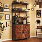 71" Tall Bar Cabinet with Wine Rack & Storage Shelves, 3-Tier Freestanding Backers Rack with Barn Door, Metal Structure Coffee Bar Table for Kitchen Dining Room, Retro Color