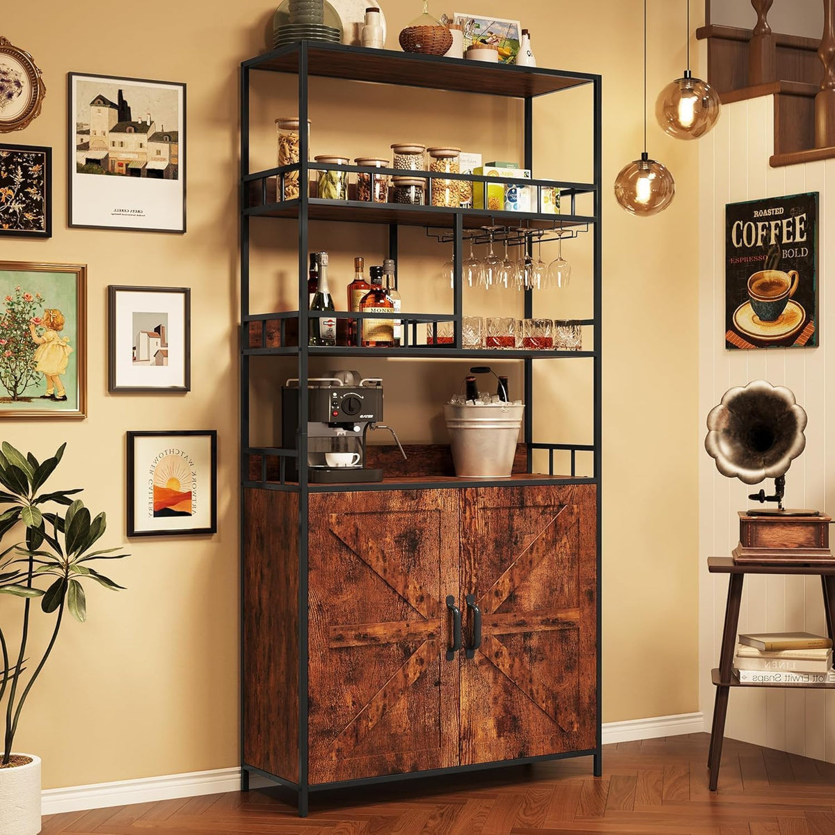71" Tall Bar Cabinet with Wine Rack & Storage Shelves, 3-Tier Freestanding Backers Rack with Barn Door, Metal Structure Coffee Bar Table for Kitchen Dining Room, Retro Color