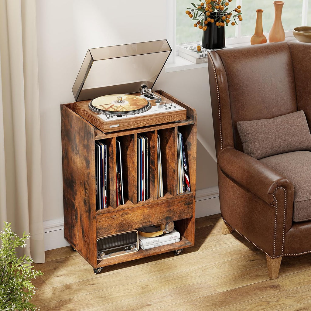 Giantex Record Player Stand, Rolling Turntable Stand with Drawer & Lockable Wheels, Record Player Table Holds Up to 150 Albums, Vinyl Record Storage for Living Room Bedroom, Rustic Brown