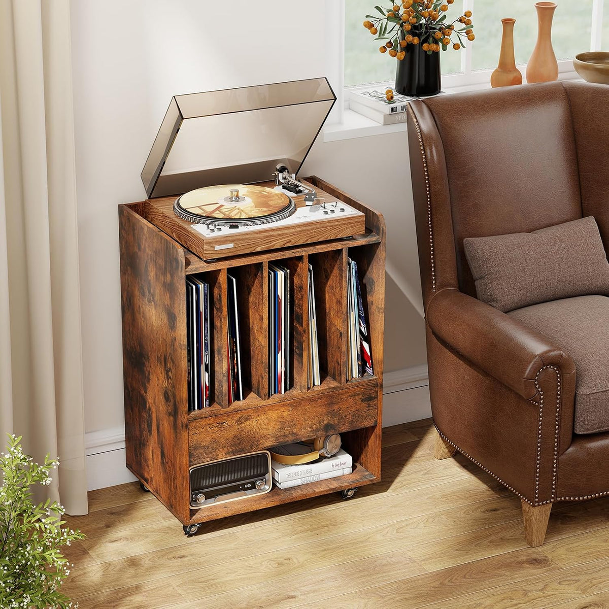 Giantex Record Player Stand, Rolling Turntable Stand with Drawer & Lockable Wheels, Record Player Table Holds Up to 150 Albums, Vinyl Record Storage for Living Room Bedroom, Rustic Brown
