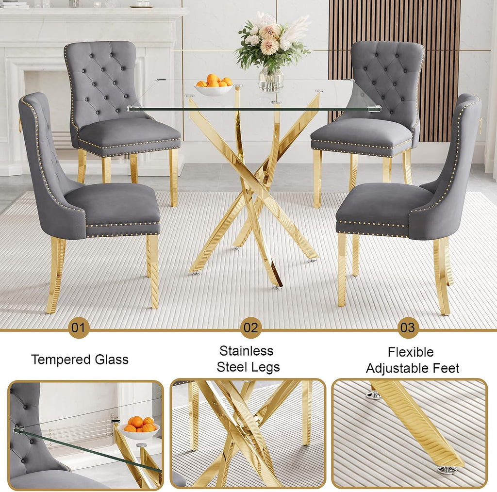 AF ARTISAN FURNITURE 36" Square Glass Dining Table Set for 2, 3-Piece Modern Kitchen Table with 2 Grey Velvet Chairs, Dining Room Table Set for Apartments Small Spaces (Gold Leg)