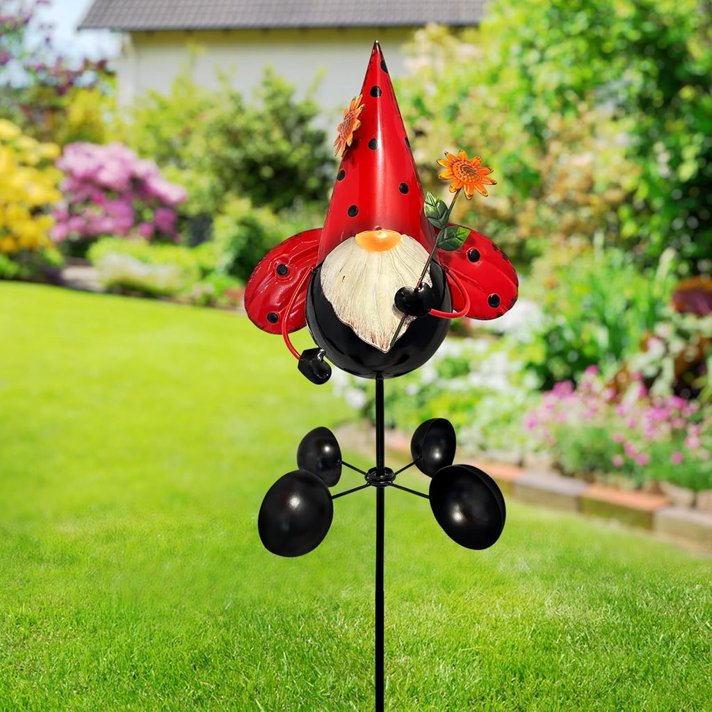 HONGLAND Gnome Metal Yard Art, Gnomes Garden Statue Outdoor Decor, 48 inch Gnome Decorations 360 Degrees Swivel Wind Spinner for Outdoor Patio Garden Backyard Décor - Ladybug