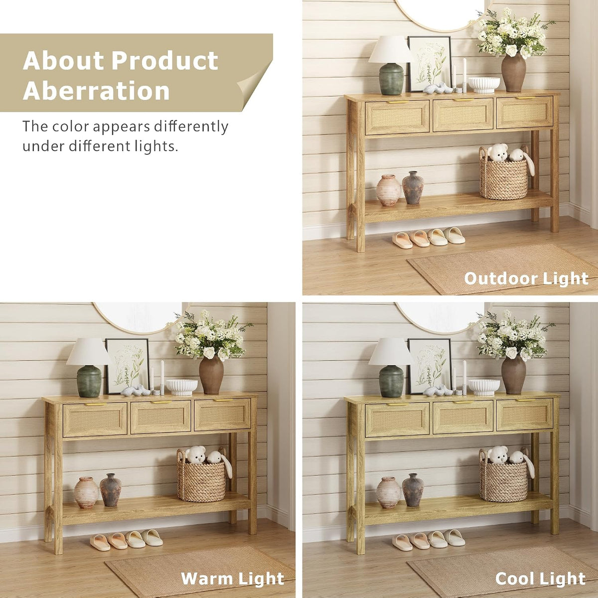 KIGOTY Console Table with Charging Station, Rattan Style Sofa Table Behind The Couch, Farmhouse Entryway Table with 3 Drawers for Hallway, Living Room (Light Yellow, Faux Rattan)