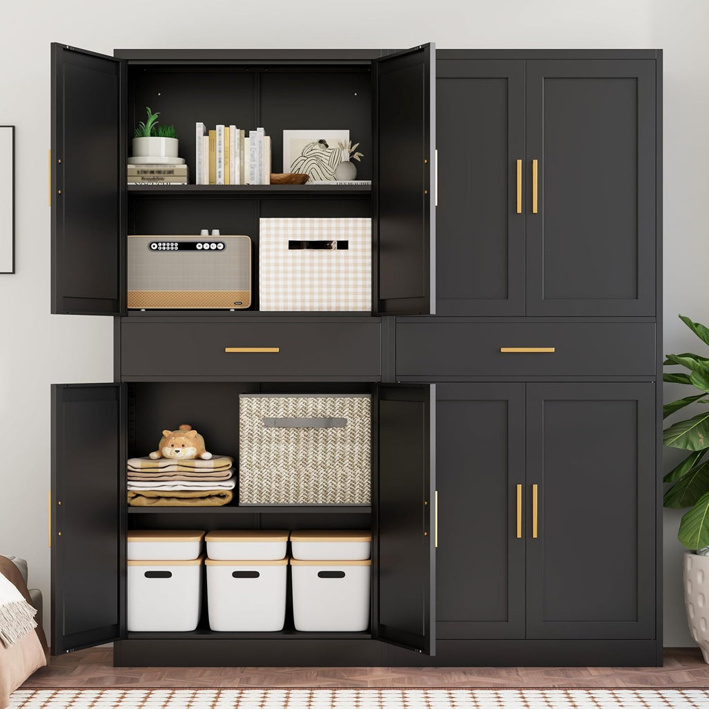 Kitchen Pantry Cabinet, 71”H Metal Storage Cabinet with 1 Drawer, Doors and 2 Adjustable Shelves, Black Pantry Storage Cabinets for Kitchen, Living Room, Dining Room and Bathroom