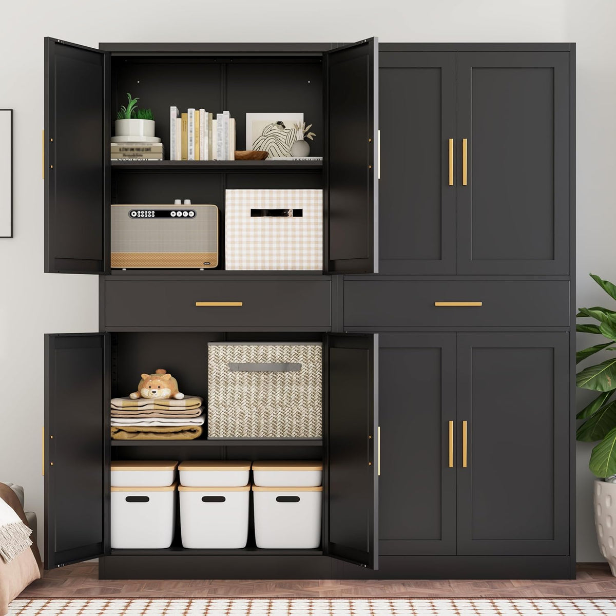 Kitchen Pantry Cabinet, 71”H Metal Storage Cabinet with 1 Drawer, Doors and 2 Adjustable Shelves, Black Pantry Storage Cabinets for Kitchen, Living Room, Dining Room and Bathroom