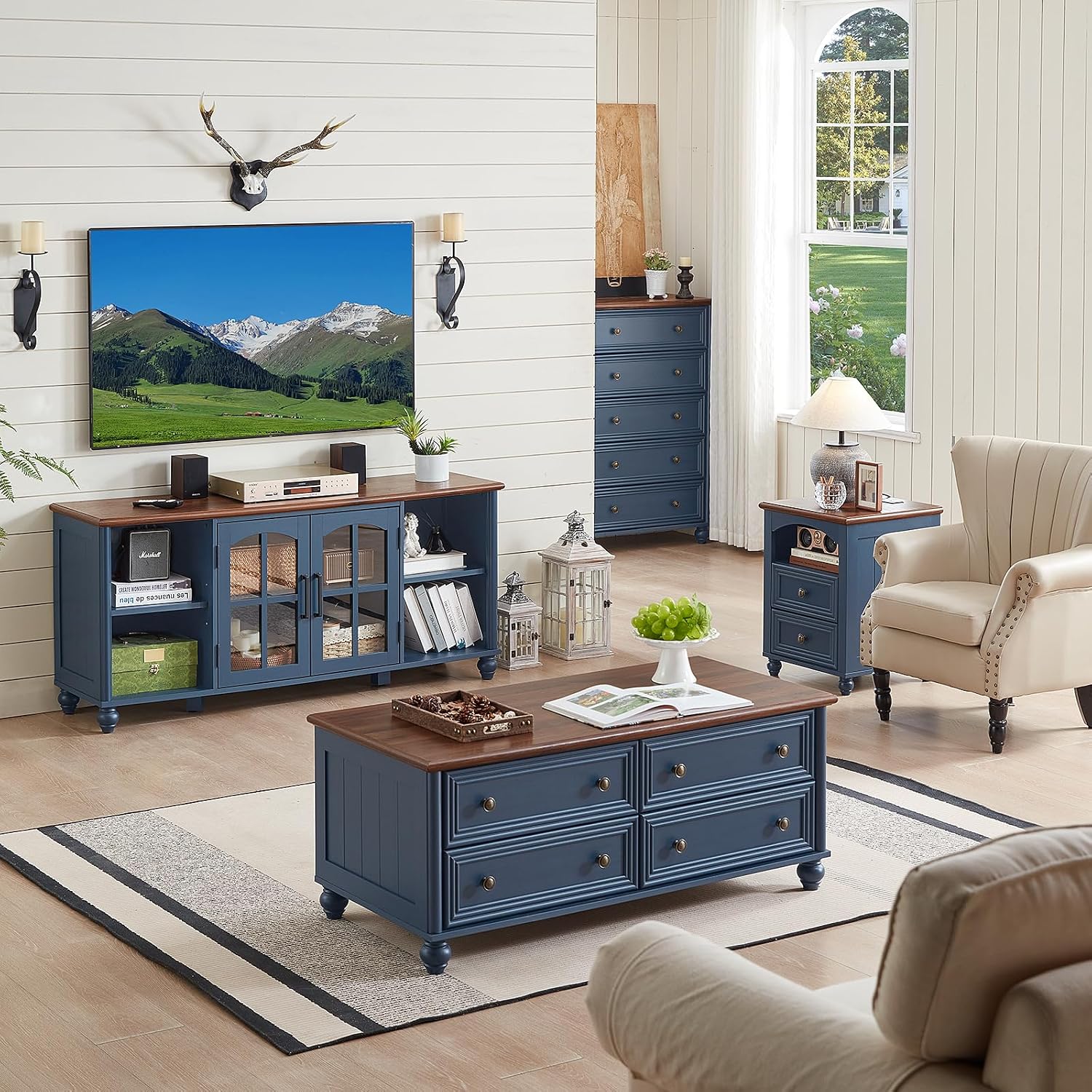 RWYHG Farmhouse TV Stand for 60 in TV, Entertainment Center for Living Room | Adjustable Shelves, Magnetic Glass Door, Sturdy Gourd Base, Wood Grain Top, High Capacity Storage Cabinet, Navy Blue