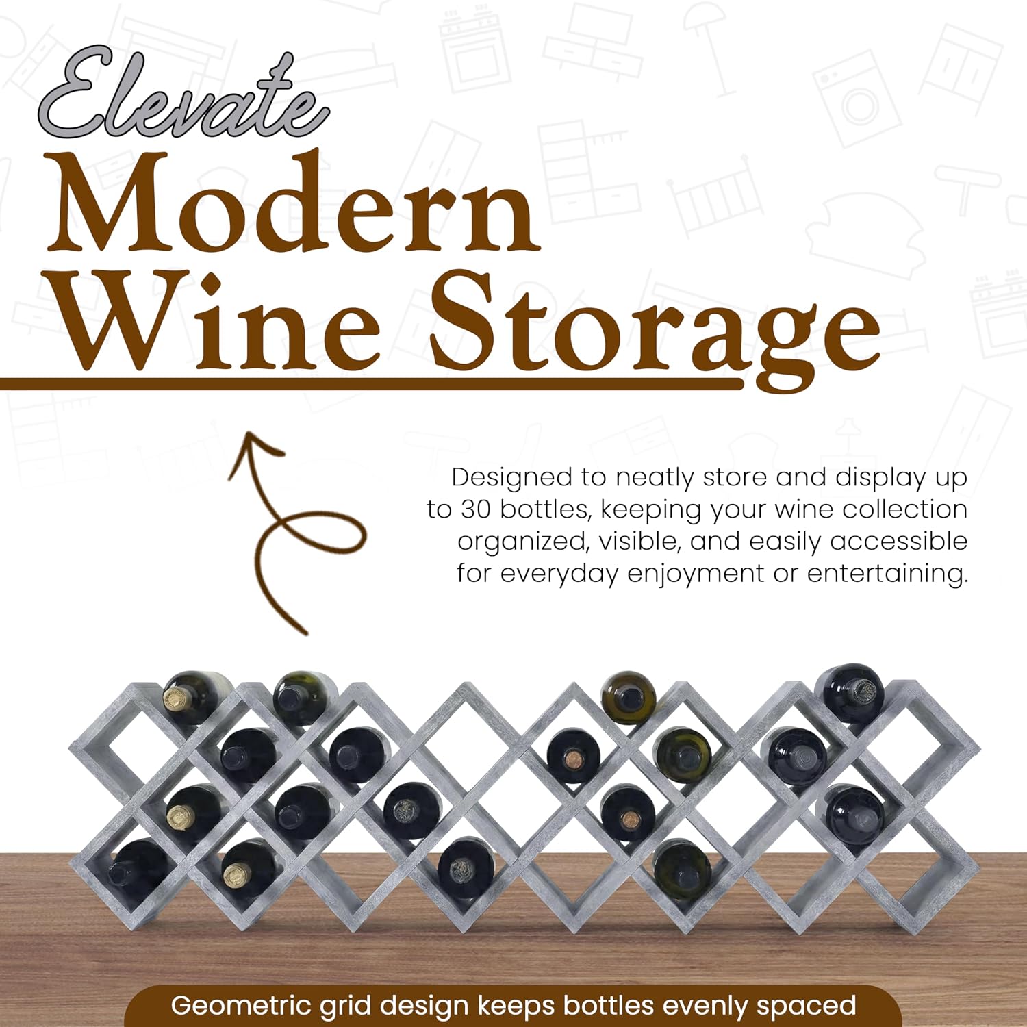 Kings Brand Furniture 30-Bottle Wine Rack – Geometric Grid Design, Modern Countertop Wine Storage for Kitchen, Bar, or Sideboard Display (Concrete Finish)