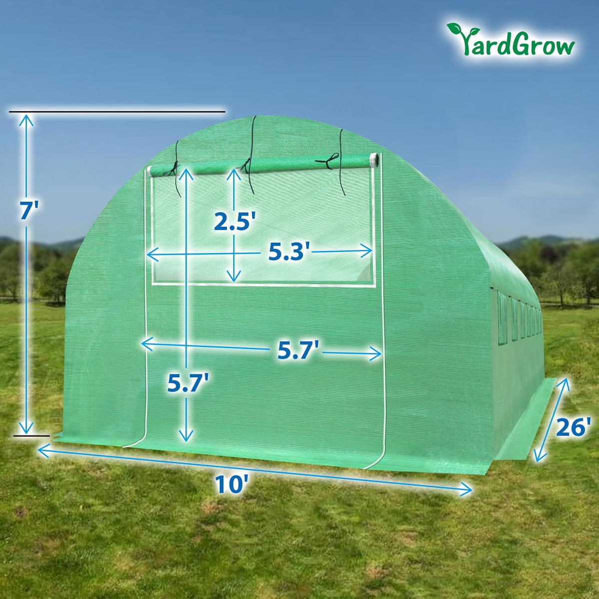 YardGrow Greenhouse Replacement Cover Larger Walk in Outdoor Plant Gardening Greenhouse, 2-Doors with 2 Mesh Windows, Frame Does NOT Included (26'x10'x7')