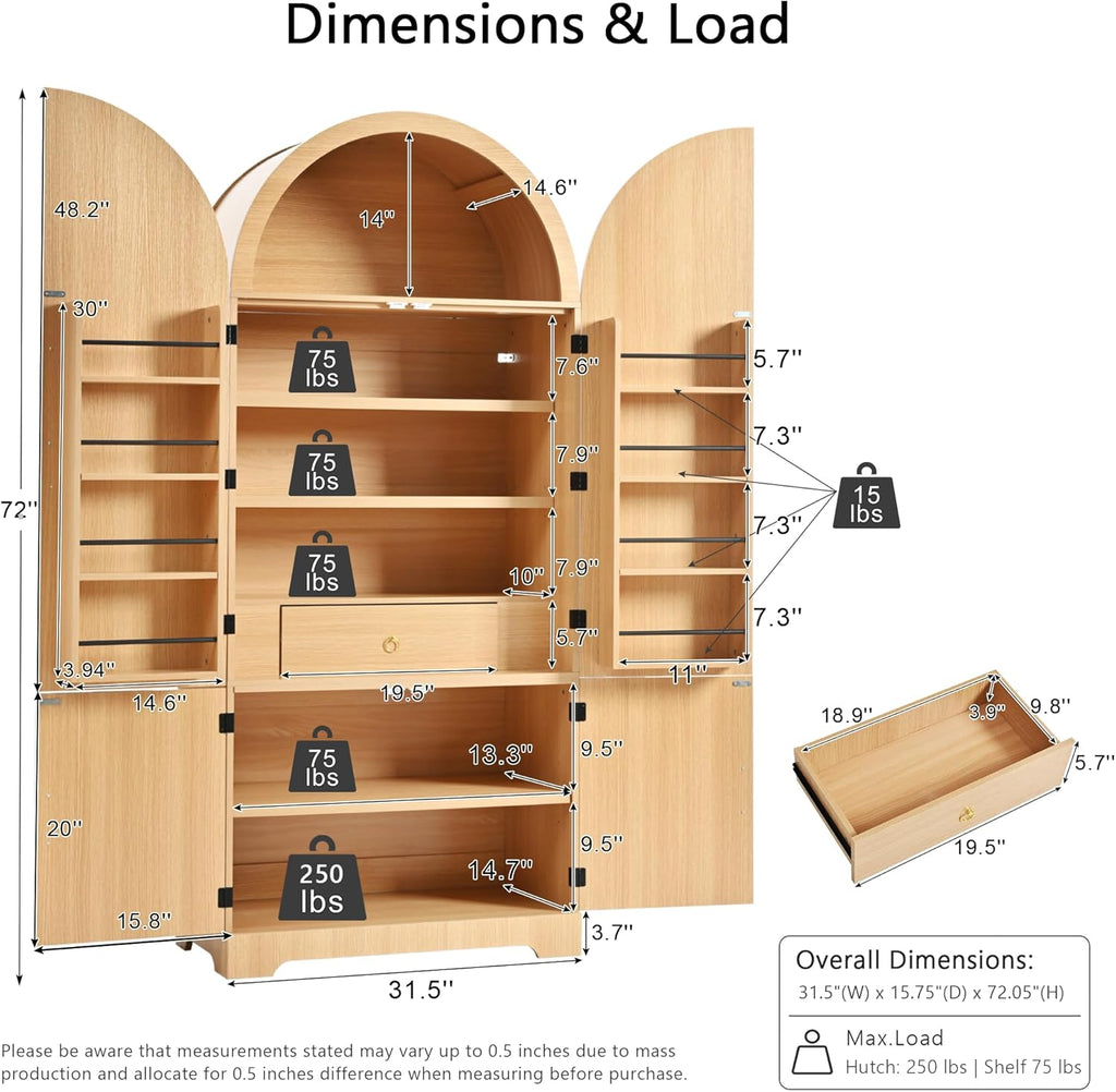 72’’ Tall Arched Kitchen Pantry Cabinet with Drawer & Adjustable Shelves, Modern Fluted Cupboard Storage Cabinet for Living Room Utility Room, Natural