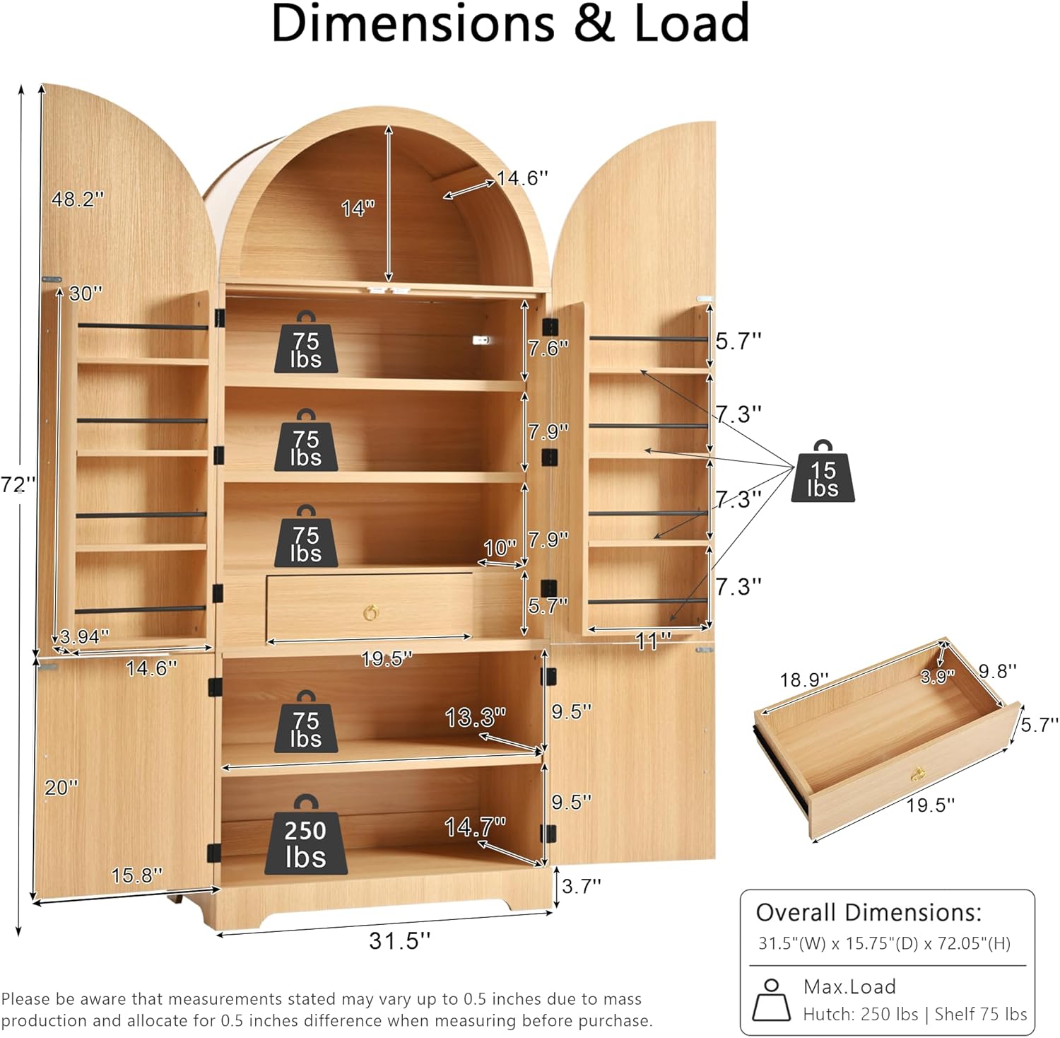72’’ Tall Arched Kitchen Pantry Cabinet with Drawer & Adjustable Shelves, Modern Fluted Cupboard Storage Cabinet for Living Room Utility Room, Natural
