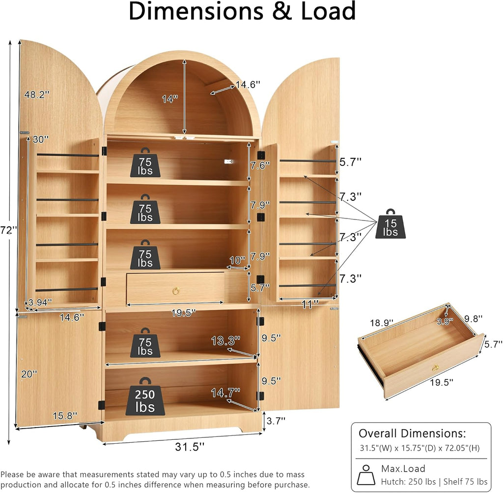 72" Tall Arched Kitchen Pantry, Mid-Century Fluted Wood Storage Cabinet with 4 Doors, 3 Adjustable Shelves, 8 Door Shelves, 1 Hidden Drawers, Versatile Cupboard for Living Room, Dining Room, Natural
