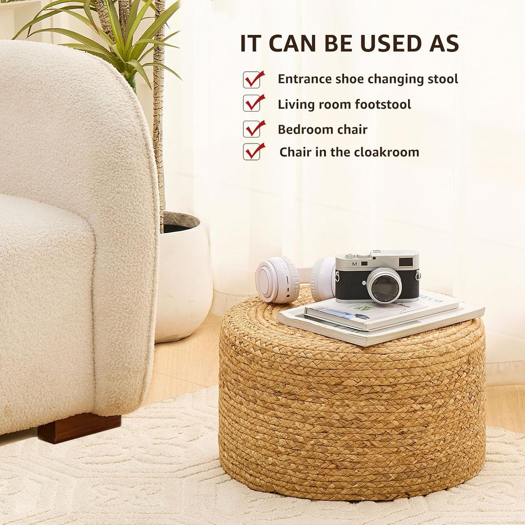 Wimarsbon Round Pouf Ottoman, Natural Hand Knitted Footrest Poof, Rustic Lounge Pouffe, Boho Pous Foot Stool, Accent Table or Seat (Natural Water Hyacinth, 17.7 * 17.7 * 9.84)