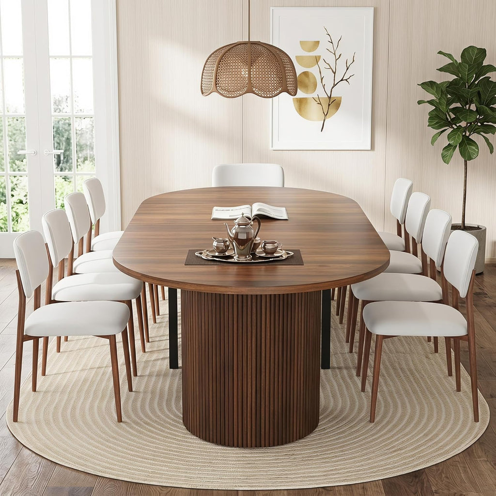 weselon 42"-105" Extendable Dining Table for 4-12, Expandable Oval Dining Room Table with Fluted Pedestal Base & Reinforced Metal Support Leg, Large Modern Kitchen Table for Dining Room (Walnut)
