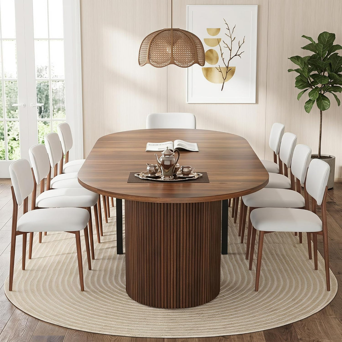 weselon 42"-105" Extendable Dining Table for 4-12, Expandable Oval Dining Room Table with Fluted Pedestal Base & Reinforced Metal Support Leg, Large Modern Kitchen Table for Dining Room (Walnut)