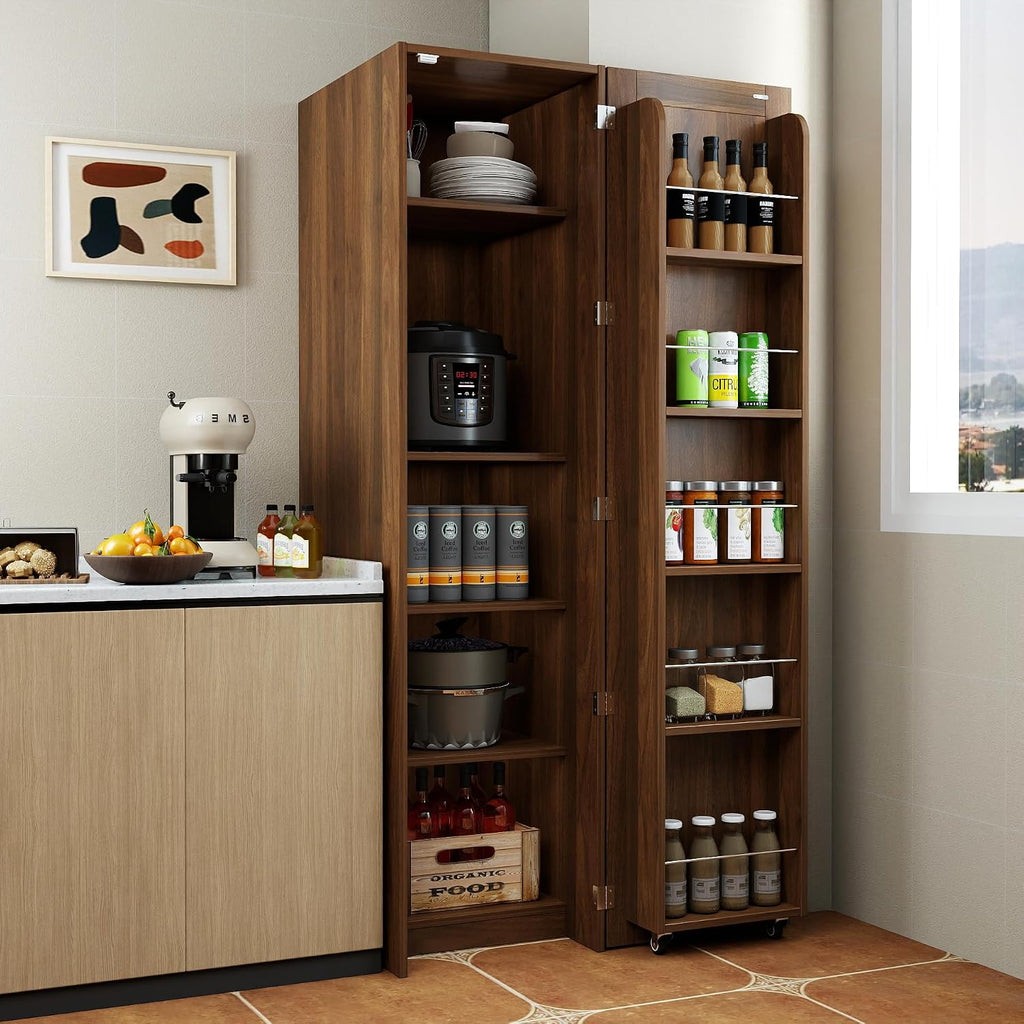 63 " Narrow Kitchen Pantry Storage Cabinet with Shelf & Side Racks (Walnut) | Slim Narrow Cabinet Single Door with Adjustable Shelves, Wheels & Side Racks, Easy Assembly for Kitchen Small Space