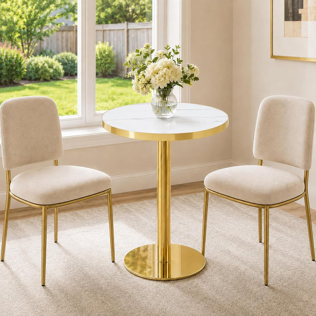 TesNus 23.6" Small Round Dining Table for 2, Circle Tulip Table, Faux Marble Top with Gold Metal Pedestal Base, Modern Leisure Coffee Table for Small Spaces, Cafe, Office, White&Gold