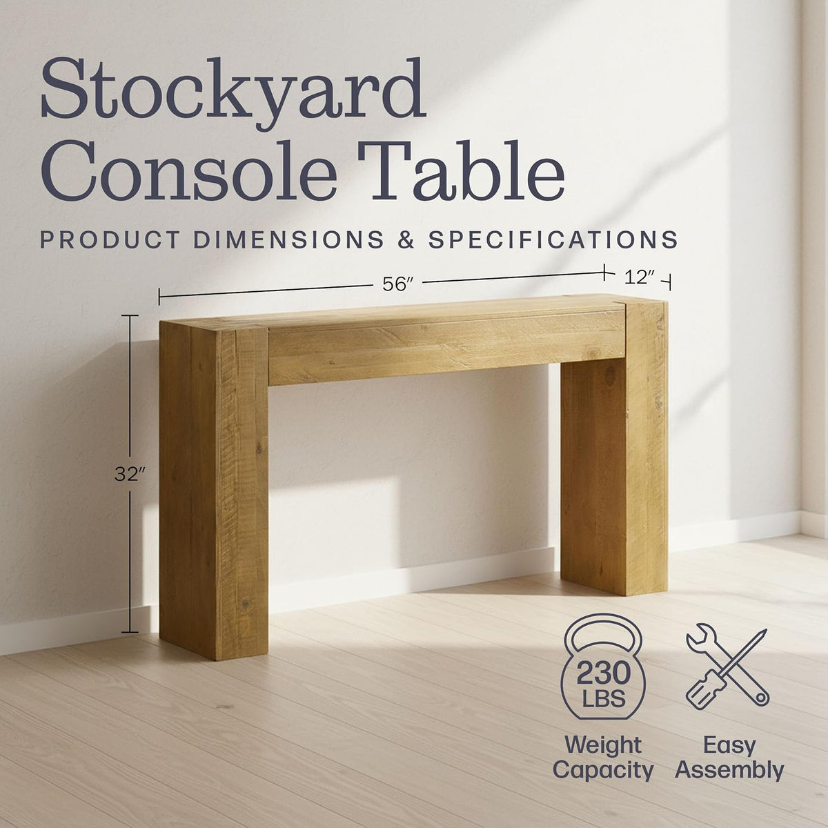 Alaterre Furniture Stockyard Solid Wood Console Table - 56 Inch Modern Farmhouse Entryway Table - Easy Assembly Living Room Furniture for Behind the Couch, Entryway, or Hallway (Oak)