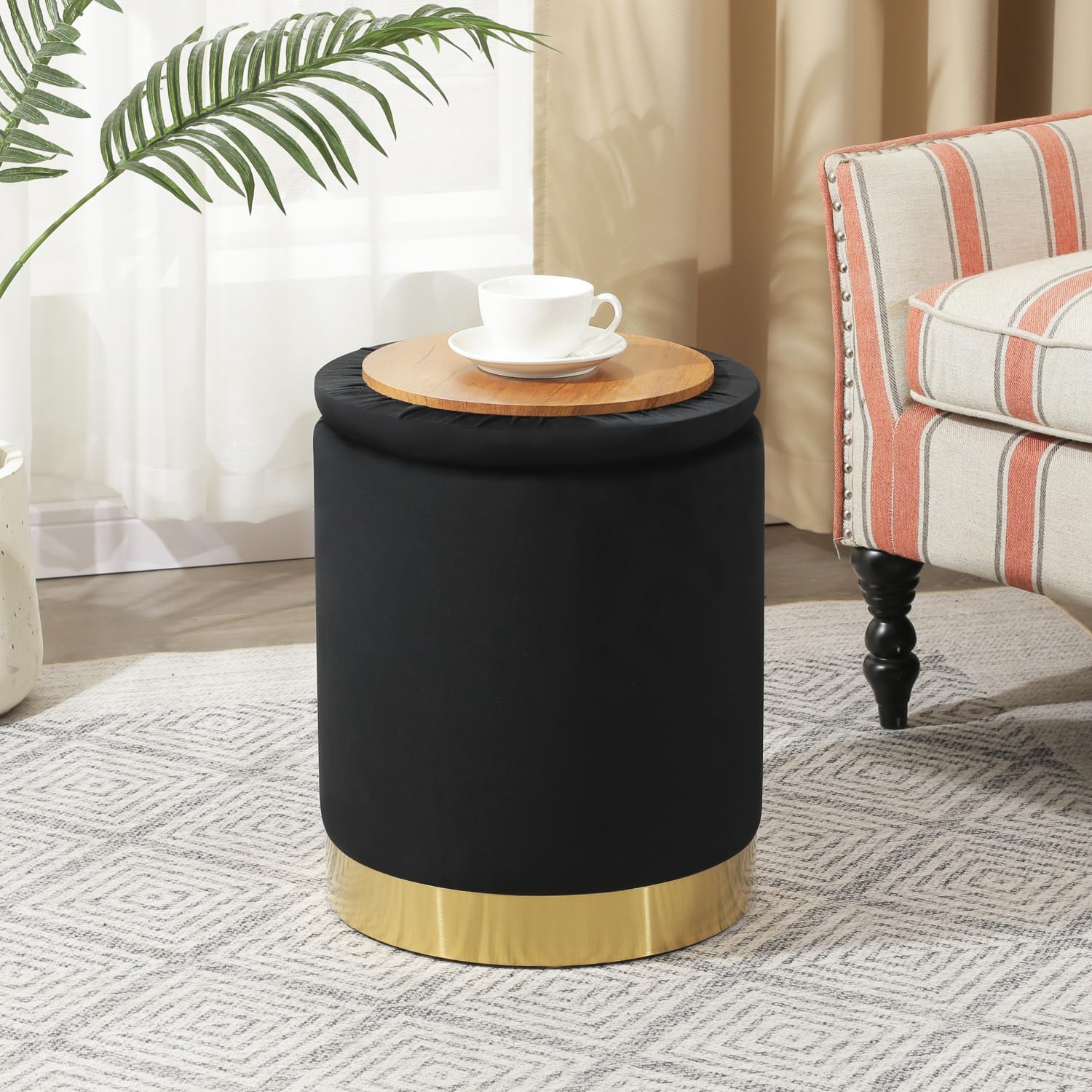 Joveco Round Velvet Storage Ottoman with Reversible Lid Tray & Gold Metal Legs, 17" Small Footrest Stool for Living Room, Bedroom & Dorm, Modern Accent Vanity Chair
