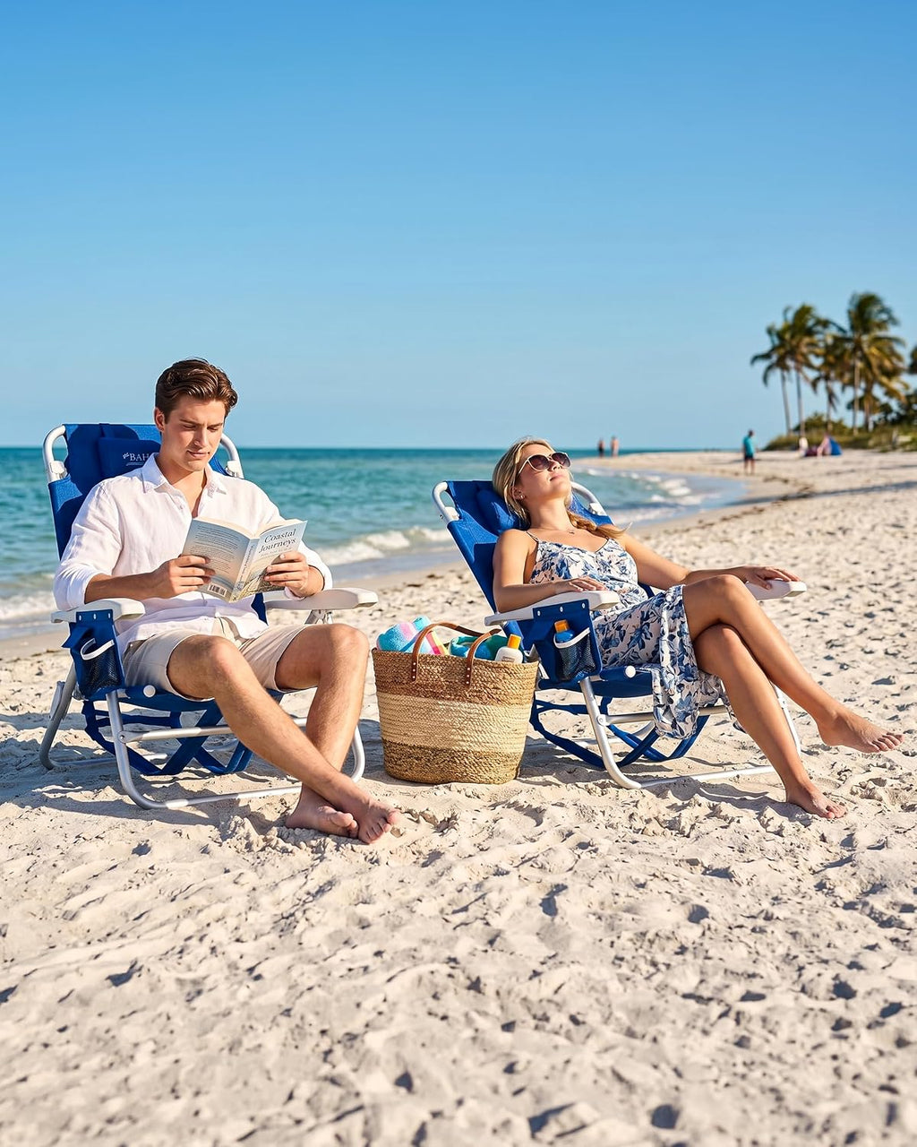 Old Bahama Bay 2 Pack 7-Position Lay-Flat Beach Chair, Lightweight Aluminum Frame Reclining Backpack Chair with Padded Headrest, Cup Holder & Storage Bag, Heavy Duty Support for Tanning & Camping Blue